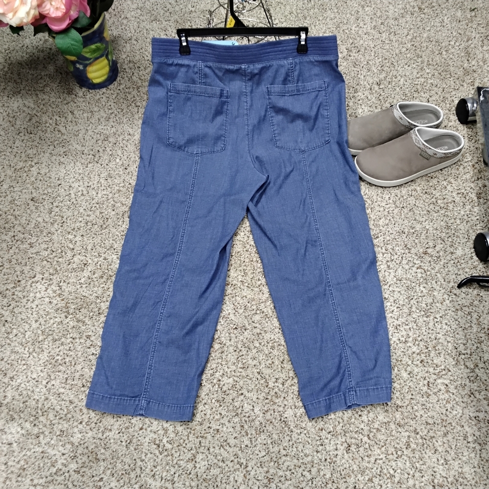 3919 Size 12/2 Upcycled Chico's Blue Capri Pants with Yellow Floral Appliqués - Picture 5 of 7